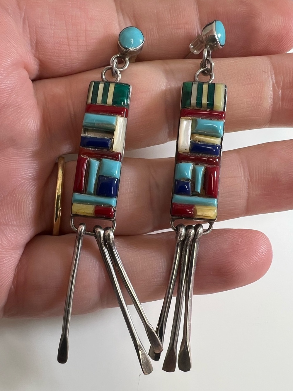 VTG Native American Zuni multi-stone inlay Sterling silver earrings